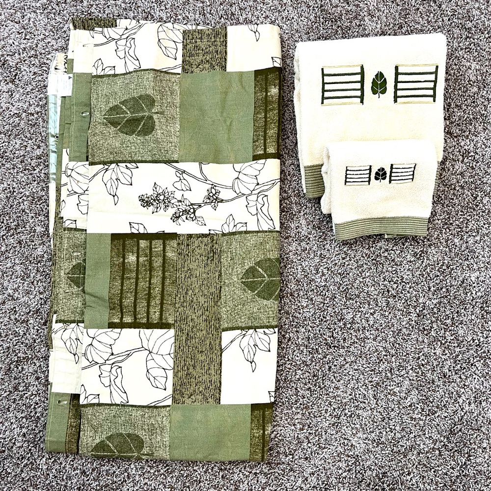 Olive shower curtain towel set